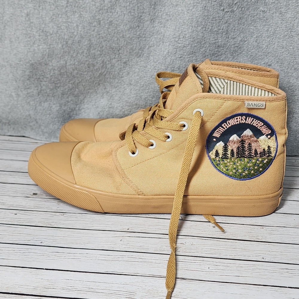 BANGS Shoes Mens Size 8 Womens 10 Tan Canvas High‎ Top Patch Wildflowers Hiking - Picture 4 of 9